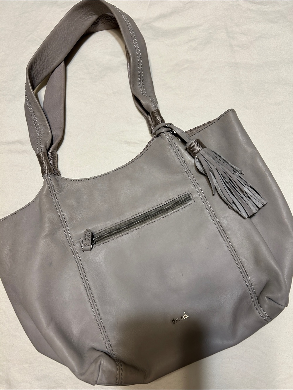 The Sak Gray Leather Shoulder Tote with Tassel
